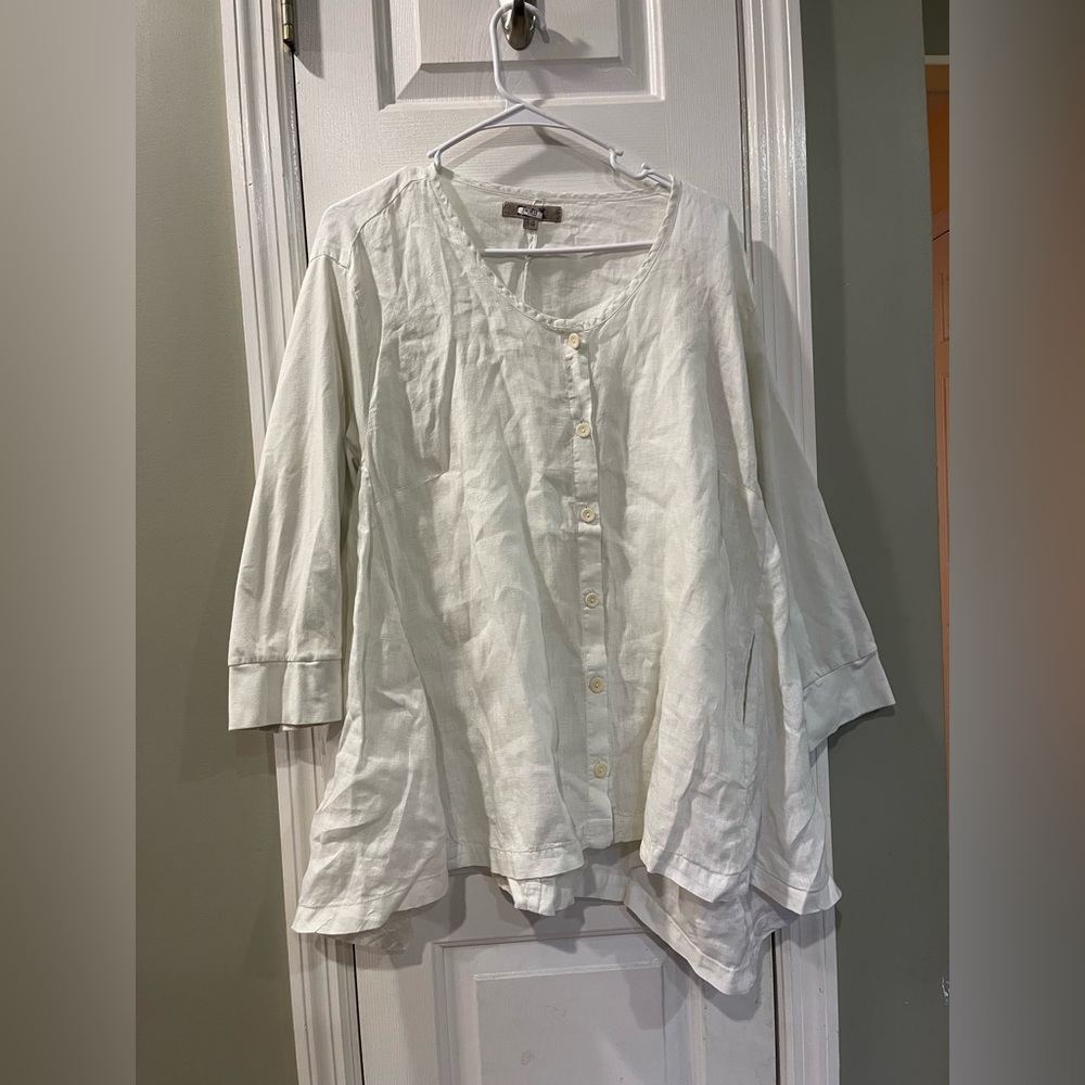 FLAX Linen button-front cardigan ivory“I am thrilled to be me” Pockets 1X b2